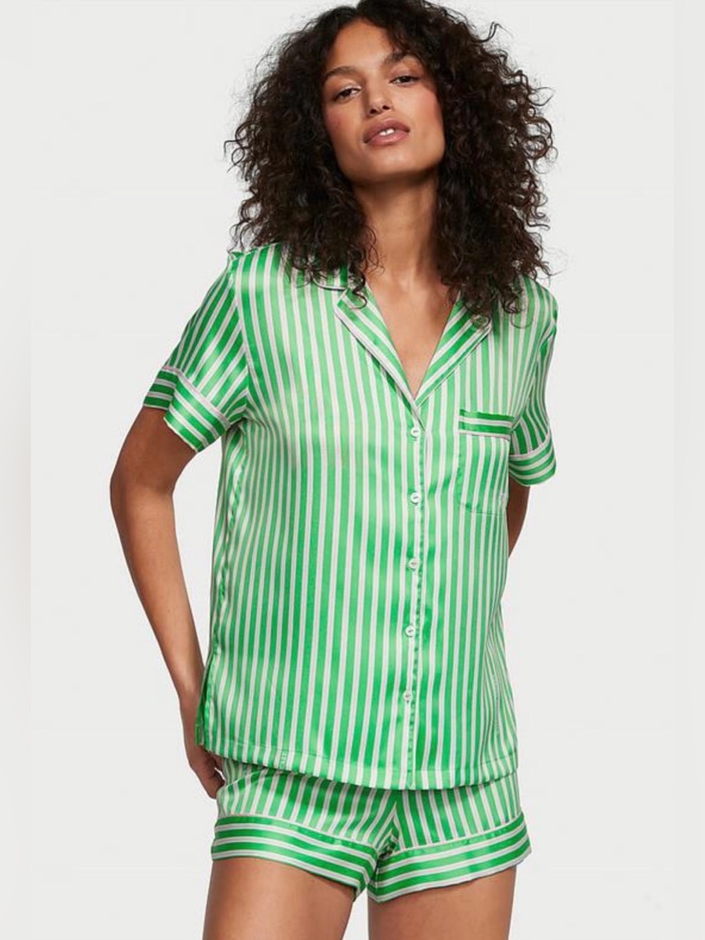 Victoria's Secret Satin Striped Pajama Set Logo Medium Preppy Old Money Clean